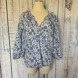 LOFT White and Blue Patterned Blouse